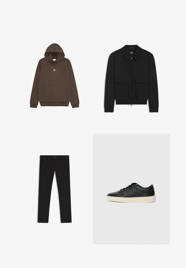 Giacca bomber nera con colletto, chiusura a zip frontale e due grandi tasche con patta. Presenta polsini e orlo a costine, realizzata in tessuto testurizzato.; Felpa marrone con tasca a marsupio, cappuccio con cordino e una "II" centrata in testo bianco. Materiale in cotone con una texture liscia.; Pantaloni neri realizzati in tessuto con una superficie liscia. Presentano una chiusura con bottone, passanti per cintura e tasche laterali. Design a gamba dritta standard.; Sneaker in pelle nera a basso profilo con lacci neri e suola avorio, mostrato di profilo su sfondo bianco.