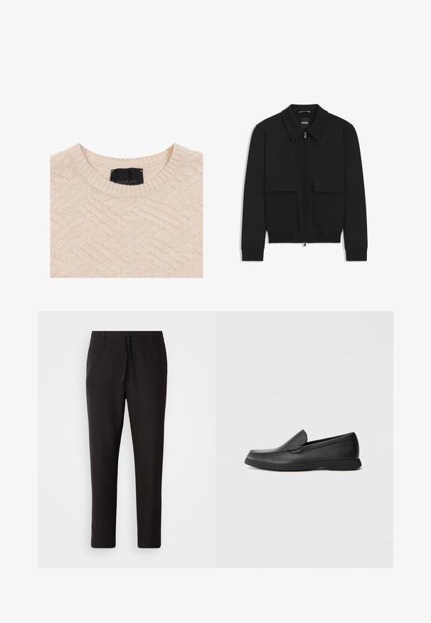 Zwarte bomberjack met een kraag, rits aan de voorkant en twee grote klepzakken. Heeft geribde manchetten en onderrand, gemaakt van textuurstof.; Beige sweater met een textuur van een visgraatpatroon, geribbelde halslijn en een label met de tekst "GIANNI LUPO" in het zwart.; Zwarte joggingsbroek van gladde stof. Kenmerkt zich door een elastische tailleband met een trekkoord, taps toelopende benen en geen zichtbare zakken. Eenvoudig ontwerp.; Zwarte leren instaploafer met een textuur bovenwerk, ronde neus, lage hak en rubberen zool, weergegeven in zijprofiel op een witte achtergrond.