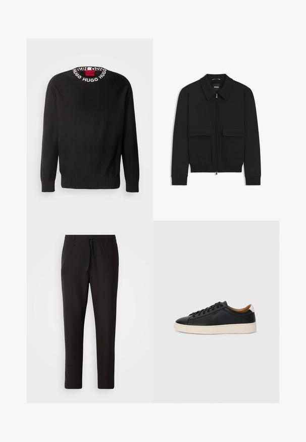 Schwarze Bikerjacke mit Kragen, Reißverschluss vorne und zwei großen Taschen mit Klappen. Mit Rippstrickbündchen und Saum, aus strukturiertem Stoff gefertigt.; HUGO SMARLO - Strickpullover - black; Schwarze Jogginghose aus glattem Stoff. Mit einem elastischen Bund und Kordelzug, schmal zulaufenden Beinen und ohne sichtbare Taschen. Einfaches Design.; Schwarze Ledersneaker mit glatter Textur, beiger Gummisohle, Schnürdesign und einem kontrastierenden Fersenakzent.