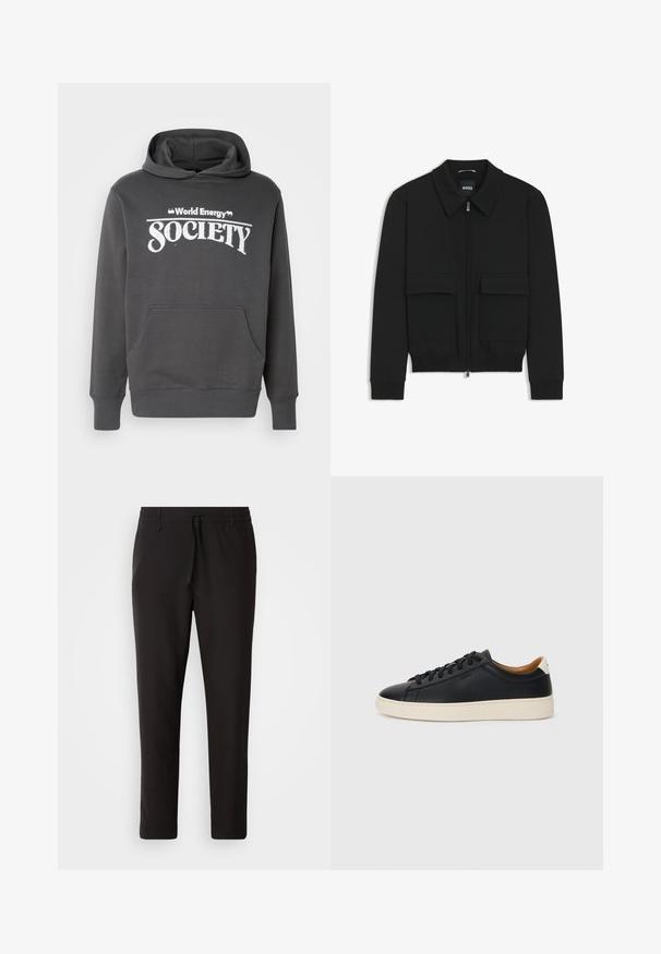 Giacca bomber nera con colletto, chiusura a zip frontale e due grandi tasche con patta. Presenta polsini e orlo a costine, realizzata in tessuto testurizzato.; Felpa grigia realizzata in materiale morbido, con tasca frontale, polsini a coste e la scritta "World Energy Society" stampata in bianco sul petto.; Pantaloni jogger neri realizzati in tessuto liscio. Presentano una vita elasticizzata con stringa, gambe affusolate e senza tasche visibili. Design semplice.; Sneakers in pelle nera con una texture liscia, suola in gomma beige, design con lacci e un accento del tacco in contrasto.