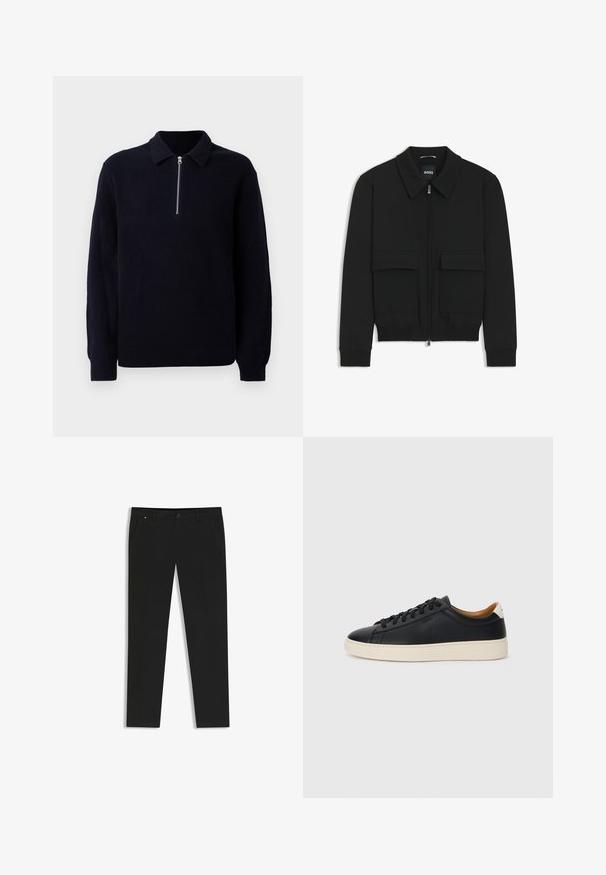 Schwarze Bikerjacke mit Kragen, Reißverschluss vorne und zwei großen Taschen mit Klappen. Mit Rippstrickbündchen und Saum, aus strukturiertem Stoff gefertigt.; Dunkelblaues, geripptes Strickpullover mit einem Reißverschluss vorne, klassischem Kragen und langen Ärmeln. Weicher Stoff mit lockerer Passform.; Schwarze Hose aus glattem Stoff, mit geradem Bein-Design, seitlichen Taschen, einer vorderen Knopfverschluß und dezenten Branding-Details.; Schwarze Ledersneaker mit glatter Textur, beiger Gummisohle, Schnürdesign und einem kontrastierenden Fersenakzent.