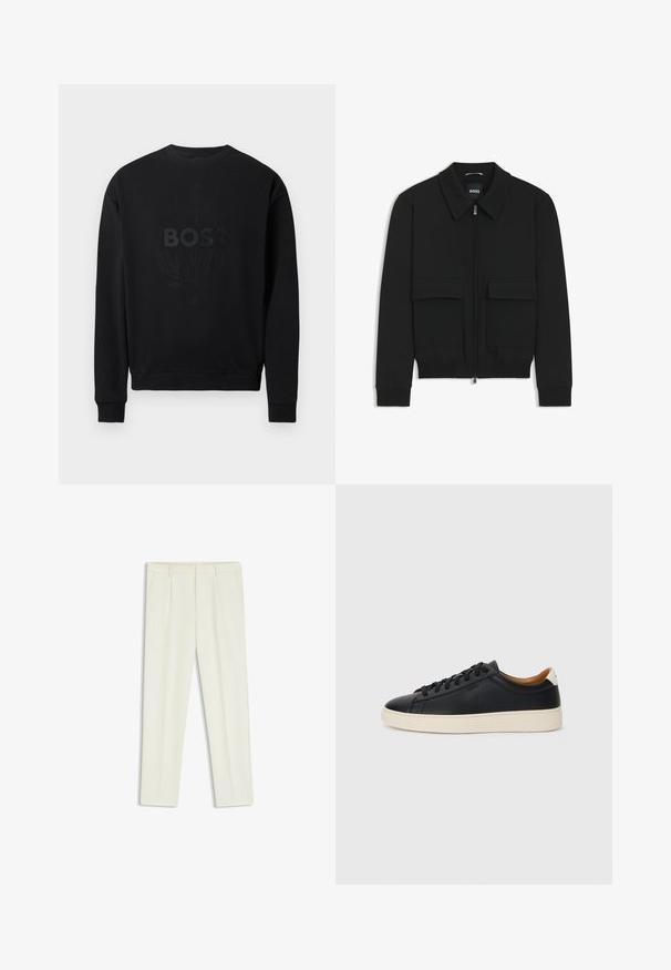 Svart bomberjacka med krage, dragkedja framtill och två stora klafffickor. Har ribbade mudd och nederkant, tillverkad av strukturerad tyg.; Svart sweatshirt med rund halsringning, ribbade muddar och fåll, med en strukturerad "BOSS"-logotyp och ett intrikat mönster i en matchande mörk nyans.; Vita skräddarsydda byxor med en slät yta, med framvikt, två sidofickor och rak bendesign.; Svarta lädersneakers med en slät yta, beige gummisula, snörning och en kontrasterande hälackcent.