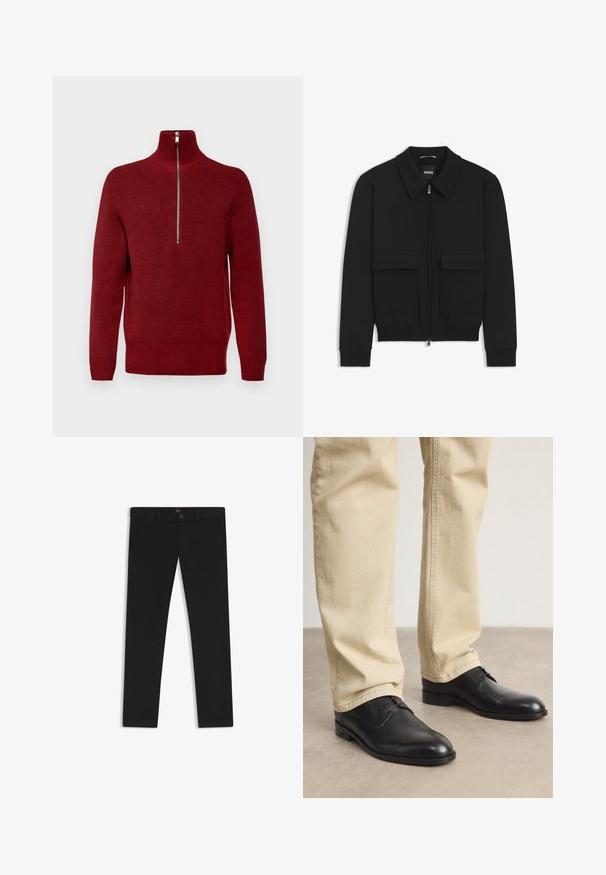 Zwarte bomberjack met een kraag, rits aan de voorkant en twee grote klepzakken. Heeft geribde manchetten en onderrand, gemaakt van textuurstof.; Rode sweater met rits en lange mouwen, gemaakt van een gestructureerd breipatroon, met ribgebreide boorden en onderkant, en voorzien van een zilveren rits bij de kraag.; Zwarte broek van stof met een gladde textuur. Bevat een knoopsluiting, riemlussen en zijzakken. Standaard straight-leg ontwerp.; Zwarte leren veterschoenen met een ronde neus, een gladde afwerking en subtiele stikdetails, gedragen met lichtbeige broeken.