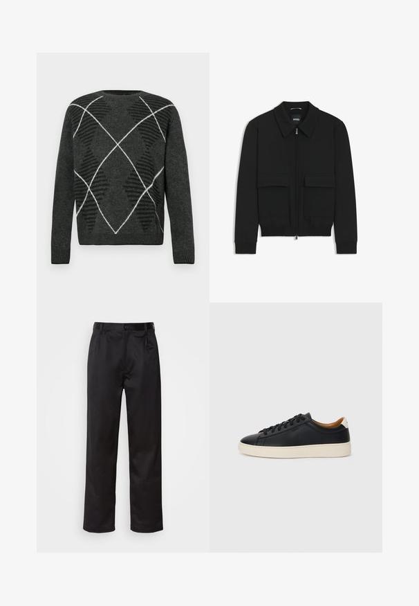 Zwarte bomberjack met een kraag, rits aan de voorkant en twee grote klepzakken. Heeft geribde manchetten en onderrand, gemaakt van textuurstof.; Donkergrijze trui met een gestructureerd argyle-patroon in zwart en wit. Heeft een ronde hals en geribde manchetten. Zacht materiaal, lange mouwen.; Zwarte broek van een gladde stof, met een sluiting met een knoop aan de voorkant, plooien en rechte pijpen. Geen zichtbare patronen of accenten.; Zwarte leren sneakers met een gladde textuur, beige rubberen zool, vetersluiting en een contrasterende hielaccent.