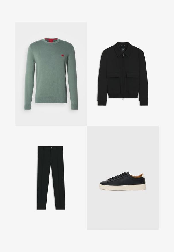 Veste bomber noire avec col, fermeture éclair à l'avant et deux grandes poches à rabat. Dotée de poignets et d'un bas côtelés, fabriquée en tissu texturé.; Pull en tricot vert à manches longues, col rond et poignets côtelés. Présente un petit logo rouge sur la poitrine. Texture lisse, design minimal.; Pantalons noirs avec une coupe droite, fabriqués en tissu lisse. Présente une fermeture éclair à l'avant et des passants de ceinture. Unis sans motifs.; Baskets en cuir noir avec une texture lisse, semelle en caoutchouc beige, design à lacets et accent de talon contrasté.