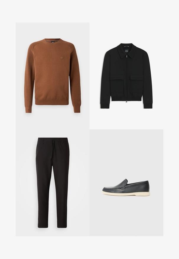 Schwarze Bikerjacke mit Kragen, Reißverschluss vorne und zwei großen Taschen mit Klappen. Mit Rippstrickbündchen und Saum, aus strukturiertem Stoff gefertigt.; Brauner Strickpullover mit Rundhalsausschnitt und gerippten Bündchen, mit einem dezenten Logo auf der Brust und einer glatten Textur.; Schwarze Jogginghose aus glattem Stoff. Mit einem elastischen Bund und Kordelzug, schmal zulaufenden Beinen und ohne sichtbare Taschen. Einfaches Design.; Schwarze Leder-Slipper mit strukturiertem Finish und einer kontrastierenden beige Gummisohle. Mit einem dezenten Akzent an der Vorderseite.