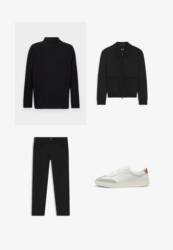 Schwarze Bikerjacke mit Kragen, Reißverschluss vorne und zwei großen Taschen mit Klappen. Mit Rippstrickbündchen und Saum, aus strukturiertem Stoff gefertigt.; Schwarzer Rollkragenpullover aus weichem Strickmaterial, mit langen Ärmeln, lockerer Passform und hohem Kragen. Keine sichtbaren Muster oder Beschläge.; Schwarze Denim-Hosen mit geradem Schnitt, ausgestattet mit einem Standardbund, fünf Taschen und einem Knopfverschluss. Angenehme, glatte Textur.; Weiße Leder-Sneaker mit grauen Wildlederakzenten und einer sandfarbenen Lederfersenschlaufe. Sie verfügen über eine strukturierte Oberfläche und eine leichte Sohle.