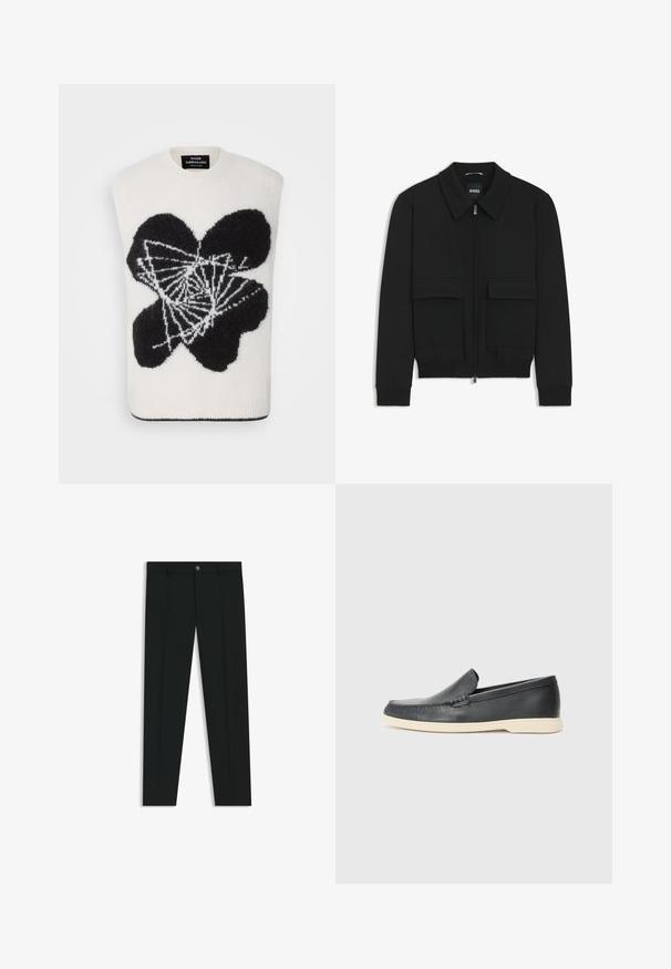 Musta pommikohva takki, jossa on kauluskulli, vetoketju etupuolella ja kaksi suurta läpällistä taskua. Varustettu ribbireunuksilla hihoissa ja helmassa, valmistettu teksturoituneesta kankaasta.; Hihaton neulepaita kermaisen värisenä, mustalla abstraktilla kukkakuviolla. Valmistettu pehmeästä kankaasta, jossa on pyöreä kaula-aukko ja ribbireunus.; Musta housut, joissa on suora lahje, valmistettu sileästä kankaasta. Edessä nappisulku ja vyölenkit. Yksinkertainen ilman kuvioita.; Mustat nahkakengät ilman nauhoja, joissa on teksturoitu pinta ja kontrastoiva beige kumipohja. Kengissä on hillitty yksityiskohta etuosassa.