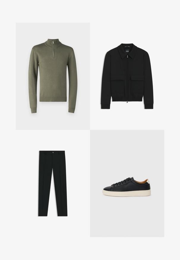 Black bomber jacket with a collared neck, zip front, and two large flap pockets. Features ribbed cuffs and hem, made of textured fabric.; Olive green pullover sweater with a high collar and a half zipper. Features long sleeves and ribbed cuffs and hem, made of soft knit material.; Black dress pants with a straight-leg design, made of smooth fabric. Features a front button closure and belt loops. Plain without patterns.; Black leather sneakers with a smooth texture, beige rubber sole, lace-up design, and a contrasting heel accent.