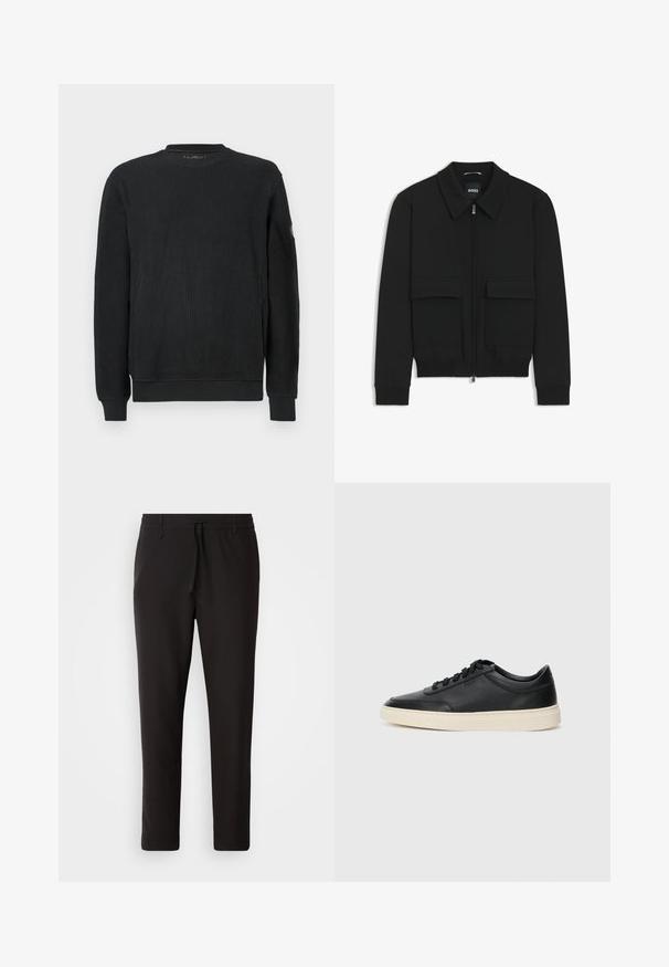 Czarna kurtka bomberka z kołnierzykiem, zapinana na zamek, z dwiema dużymi kieszeniami z klapami. Posiada ściągacze na mankietach i dole, wykonana z teksturowanej tkaniny.; Czarny sweter z długim rękawem, dziany, o żeberkowej strukturze, z okrągłym dekoltem i dopasowanymi mankietami, sfotografowany na białym tle.; Czarne spodnie dresowe wykonane z gładkiego materiału. Posiadają elastyczny pas ze sznurkiem, zwężane nogawki oraz brak widocznych kieszeni. Prosty design.; Czarne niskie skórzane sneakersy z czarnymi sznurówkami i off-white podeszwą, prezentowane w profilu bocznym na białym tle.