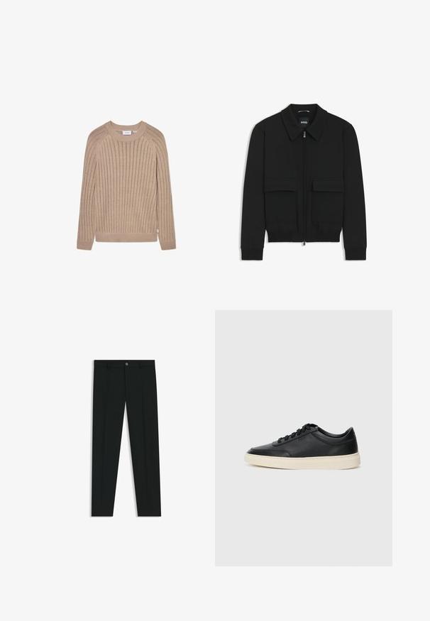 Schwarze Bikerjacke mit Kragen, Reißverschluss vorne und zwei großen Taschen mit Klappen. Mit Rippstrickbündchen und Saum, aus strukturiertem Stoff gefertigt.; Beige gerippter Strickpullover mit langen Ärmeln, rundem Hals und dezentem seitlichem Logoschild. Verfügt über ein strukturiertes Muster und enganliegende Bündchen.; Schwarze Anzughosen mit geradem Bein, aus glattem Stoff. Mit Knopfverschluss vorne und Gürtelschlaufen. Schlicht ohne Muster.; Schwarzer niedriger Ledersneaker mit schwarzen Schnürsenkeln und cremefarbenem Sohlenrand, seitlich auf weißem Hintergrund dargestellt.