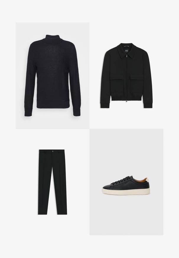 Black bomber jacket with a collared neck, zip front, and two large flap pockets. Features ribbed cuffs and hem, made of textured fabric.; Black turtleneck sweater made of lightweight fabric, featuring long sleeves and ribbed cuffs and hem. Subtle tonal branding on the chest.; Black dress pants with a straight-leg design, made of smooth fabric. Features a front button closure and belt loops. Plain without patterns.; Black leather sneakers with a smooth texture, beige rubber sole, lace-up design, and a contrasting heel accent.