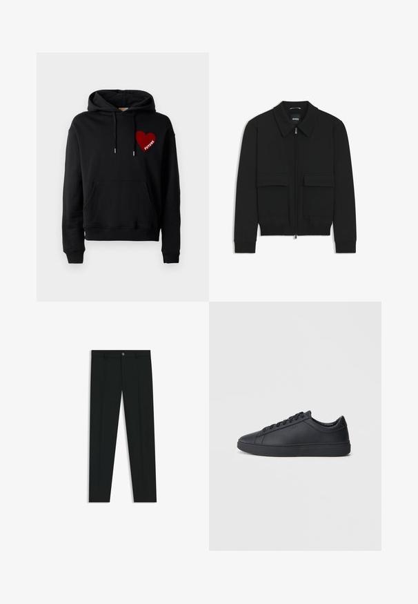 Black bomber jacket with a collared neck, zip front, and two large flap pockets. Features ribbed cuffs and hem, made of textured fabric.; Black hoodie featuring a front pocket, drawstrings, and a red heart graphic with the word "FUTURE" in white. Soft cotton material.; Black dress pants with a straight-leg design, made of smooth fabric. Features a front button closure and belt loops. Plain without patterns.; Black sneakers made of smooth leather with a low-top design, round toe, and flat rubber sole. Features laces and subtle branding.