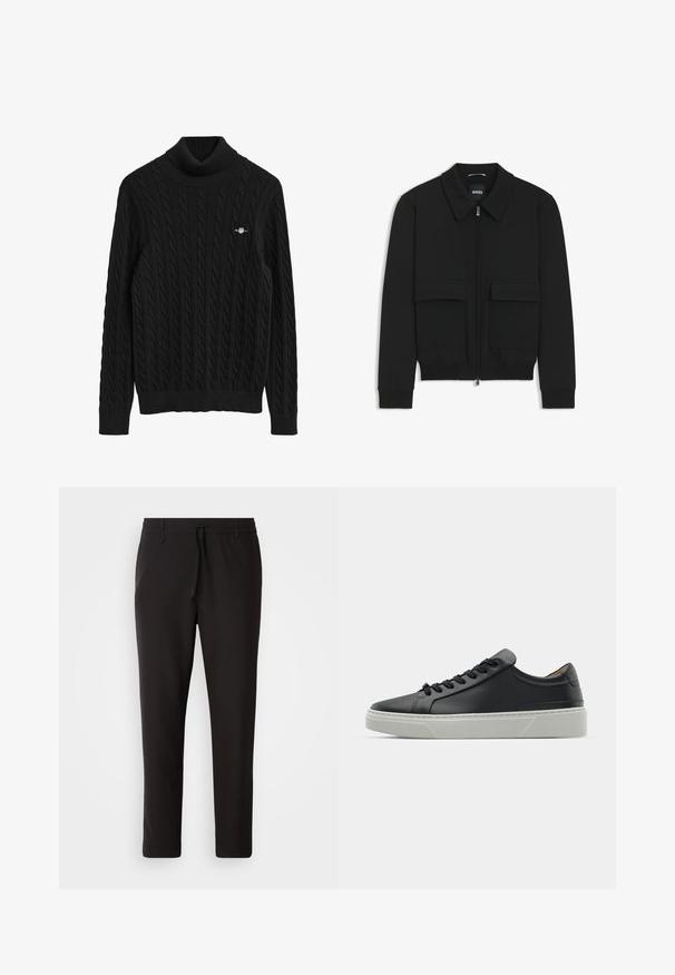Black bomber jacket with a collared neck, zip front, and two large flap pockets. Features ribbed cuffs and hem, made of textured fabric.; Black cable-knit turtleneck sweater with ribbed cuffs and hem. Features textured pattern and a small logo on the chest.; Black jogger pants made of smooth fabric. Feature an elastic waistband with a drawstring, tapered legs, and no visible pockets. Simple design.; Black leather sneaker with a smooth texture, round toe, and black laces. Features a thick, white rubber sole with subtle geometric accents.