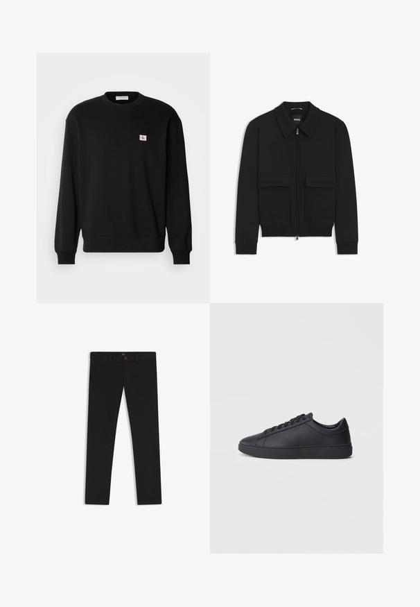 Musta pommikohva takki, jossa on kauluskulli, vetoketju etupuolella ja kaksi suurta läpällistä taskua. Varustettu ribbireunuksilla hihoissa ja helmassa, valmistettu teksturoituneesta kankaasta.; Musta puuvillainen crewneck-huppari pitkillä hihoilla, jossa on pieni suorakulmainen logopatchi rinnassa ja ribbireunat hihoissa.; Mustat housut, jotka on valmistettu sileätekstiilisestä kankaasta. Varustettu nappikiinnityksellä, vyölenkeillä ja sivutaskuilla. Standardi suora lahjemalli.; Mustat lenkkarit, jotka on valmistettu sileästä nahasta, matalalla varrella, pyöreällä varvalla ja tasaisella kumipohjalla. Varusteena nauhat ja huomaamaton brändäys.