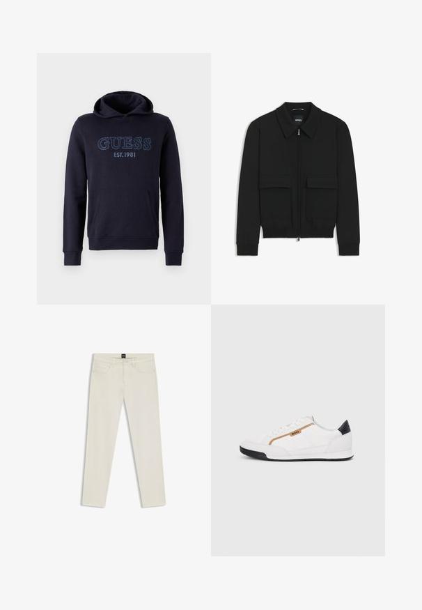 Giacca bomber nera con colletto, chiusura a zip frontale e due grandi tasche con patta. Presenta polsini e orlo a costine, realizzata in tessuto testurizzato.; Felpa blu navy realizzata in tessuto morbido, presenta una tasca a marsupio, polsini a costine e il logo ricamato "GUESS EST.1981" sul davanti.; Jeans dritti di colore avorio, in misto cotone, con cinque tasche, cuciture sottili e un'etichetta nera in vita.; Scarpe sportive bianche con accenti in rete e pelle. Presentano un logo dorato "BOSS", pannelli laterali testurizzati e un copri tallone nero. Suola in gomma.