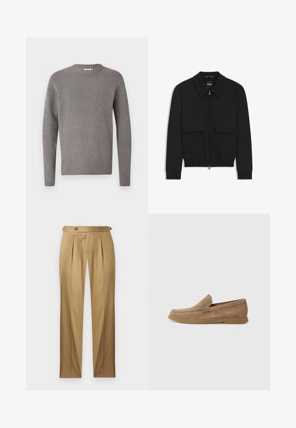 Zwarte bomberjack met een kraag, rits aan de voorkant en twee grote klepzakken. Heeft geribde manchetten en onderrand, gemaakt van textuurstof.; DRYKORN LEANDO - Trui - grey; Beige broek met een rechte pasvorm, voorzien van plooien, een knoopsluiting en riemlussen. Gladde stof met een nette, op maat gemaakte uitstraling.; Bruine suède instap loafers met een gladde textuur en gestikte details; heeft een rubberen zool voor grip.