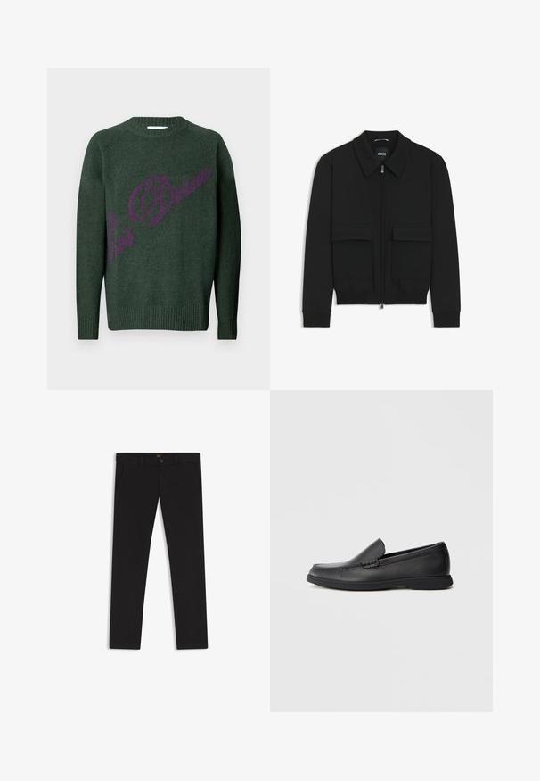 Schwarze Bikerjacke mit Kragen, Reißverschluss vorne und zwei großen Taschen mit Klappen. Mit Rippstrickbündchen und Saum, aus strukturiertem Stoff gefertigt.; Grüner Strickpullover mit geripptem Saum und Bündchen. Mit einem auffälligen lila Logo/Textdesign auf der Vorderseite. Klassischer Rundhalsausschnitt.; Schwarze Hosen aus einem Stoff mit glatter текстуре. Verfügt über einen Knopfverschluss, Gürtelschlaufen und Seitentaschen. Klassisches Design mit geradem Bein.; Schwarze Leder Slipper mit strukturiertem Obermaterial, runder Zehenform, niedrigem Absatz und Gummisohle, seitlich auf weißem Hintergrund abgebildet.