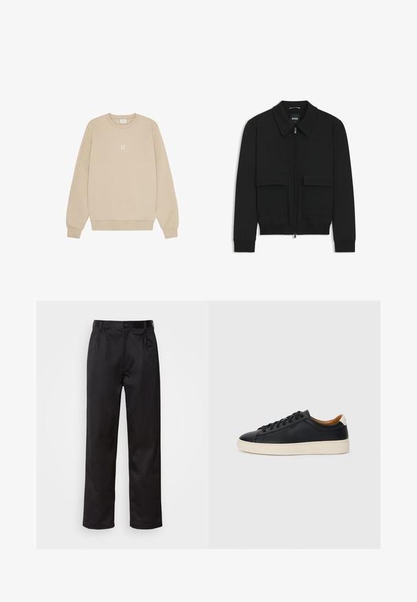 Giacca bomber nera con colletto, chiusura a zip frontale e due grandi tasche con patta. Presenta polsini e orlo a costine, realizzata in tessuto testurizzato.; Felpa beige in morbido tessuto con colletto rotondo, maniche lunghe e una piccola grafica bianca "II" centrata sul petto.; Pantaloni neri realizzati in tessuto morbido, con chiusura frontale a bottone, pieghe e gambe dritte. Nessun motivo o accento visibile.; Sneakers in pelle nera con una texture liscia, suola in gomma beige, design con lacci e un accento del tacco in contrasto.