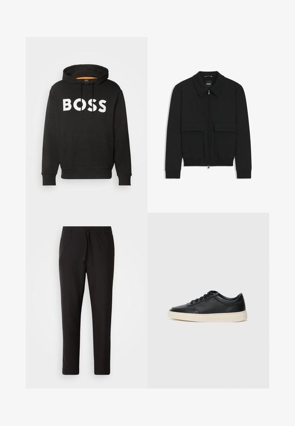 Schwarze Bikerjacke mit Kragen, Reißverschluss vorne und zwei großen Taschen mit Klappen. Mit Rippstrickbündchen und Saum, aus strukturiertem Stoff gefertigt.; Schwarzer Kapuzenpullover aus Baumwollmischung, mit einem großen weißen "BOSS"-Logo auf der Vorderseite und einer Kängurutasche in der Taille.; Schwarze Jogginghose aus glattem Stoff. Mit einem elastischen Bund und Kordelzug, schmal zulaufenden Beinen und ohne sichtbare Taschen. Einfaches Design.; Schwarzer niedriger Ledersneaker mit schwarzen Schnürsenkeln und cremefarbenem Sohlenrand, seitlich auf weißem Hintergrund dargestellt.