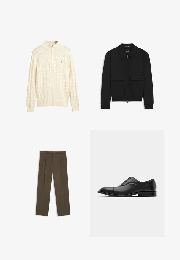 Zwarte bomberjack met een kraag, rits aan de voorkant en twee grote klepzakken. Heeft geribde manchetten en onderrand, gemaakt van textuurstof.; Crème-kleurige kabelgebreide sweater met een hoge kraag en halve ritssluiting; bevat ribgebreide manchetten en zoom, een zachte textuur en een logoprint.; Bruine geplooide pantalon van een katoenmix. Heeft een rechte snit, riemlussen en zijzakken. Vriendelijke textuur met minimale details.; Zwarte leren jurk schoen met een gladde textuur, ronde neus en vijf veterogen. Beschikt over een lage gestapelde hak en subtiele naaddetails.
