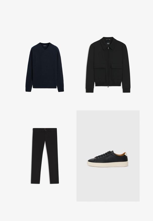 Zwarte bomberjack met een kraag, rits aan de voorkant en twee grote klepzakken. Heeft geribde manchetten en onderrand, gemaakt van textuurstof.; Marineblauwe ribgebreide trui met V-hals, lange mouwen en een ontspannen pasvorm. Zachte textuur met minimale details.; Zwarte broek van stof met een gladde textuur. Bevat een knoopsluiting, riemlussen en zijzakken. Standaard straight-leg ontwerp.; Zwarte leren sneakers met een gladde textuur, beige rubberen zool, vetersluiting en een contrasterende hielaccent.