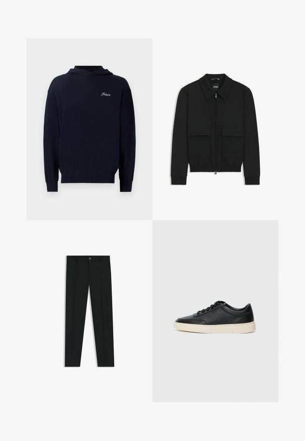 Chaqueta bomber negra con cuello tipo camisa, cierre frontal de cremallera y dos grandes bolsillos con solapa. Presenta puños ribeteados y dobladillo, confeccionada en tela texturizada.; Sudadera azul marino de tejido suave, con un bolsillo frontal, puños acanalados y un pequeño bordado blanco de "Future" en el pecho.; Pantalones de vestir negros con un diseño de pierna recta, hechos de una tela suave. Cuentan con un cierre frontal de botón y lazos para cinturón. Liso, sin patrones.; Zapatilla negra de piel de caña baja con cordones negros y suela color crema, mostrada en perfil lateral sobre fondo blanco.
