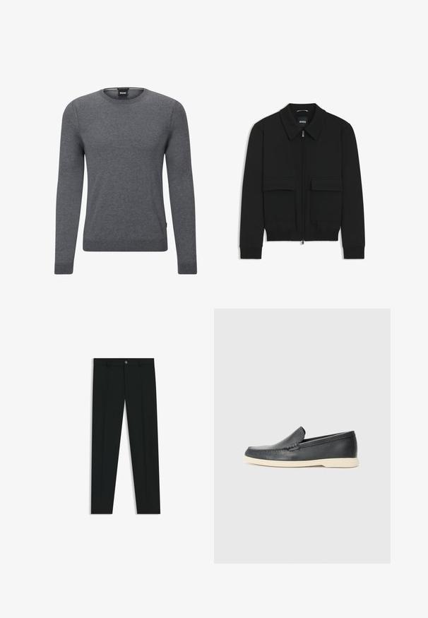 Schwarze Bikerjacke mit Kragen, Reißverschluss vorne und zwei großen Taschen mit Klappen. Mit Rippstrickbündchen und Saum, aus strukturiertem Stoff gefertigt.; Grau gestrickter Rundhalspulli aus weichem Strickstoff. Er verfügt über lange Ärmel, gerippte Bündchen und Saum sowie ein kleines Logotag an der Seite.; Schwarze Anzughosen mit geradem Bein, aus glattem Stoff. Mit Knopfverschluss vorne und Gürtelschlaufen. Schlicht ohne Muster.; Schwarze Leder-Slipper mit strukturiertem Finish und einer kontrastierenden beige Gummisohle. Mit einem dezenten Akzent an der Vorderseite.