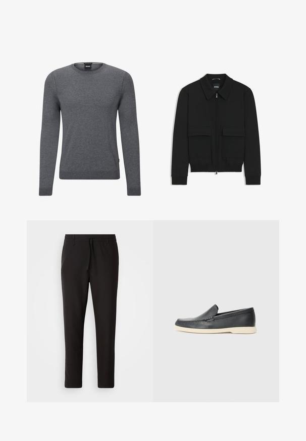 Black bomber jacket with a collared neck, zip front, and two large flap pockets. Features ribbed cuffs and hem, made of textured fabric.; Grey crew-neck sweater made of soft knit fabric. It features long sleeves, ribbed cuffs and hem, and a small logo tag on the side.; Black jogger pants made of smooth fabric. Feature an elastic waistband with a drawstring, tapered legs, and no visible pockets. Simple design.; Black leather slip-on loafers with a textured finish and a contrasting beige rubber sole. Features a subtle accent along the front.