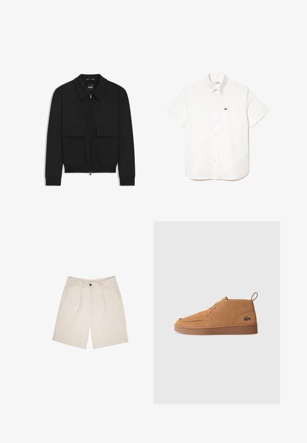 Black bomber jacket with a collared neck, zip front, and two large flap pockets. Features ribbed cuffs and hem, made of textured fabric.; Short-sleeve white cotton shirt with a button-down collar, featuring a chest pocket and a small green crocodile logo on the left side.; Beige shorts made of soft fabric, featuring a flat front with two pleats, belt loops, and side pockets. Single button closure at waist.; Brown suede lace-up ankle shoe with a rubber sole and pull tab, featuring a signature crocodile logo on the side.