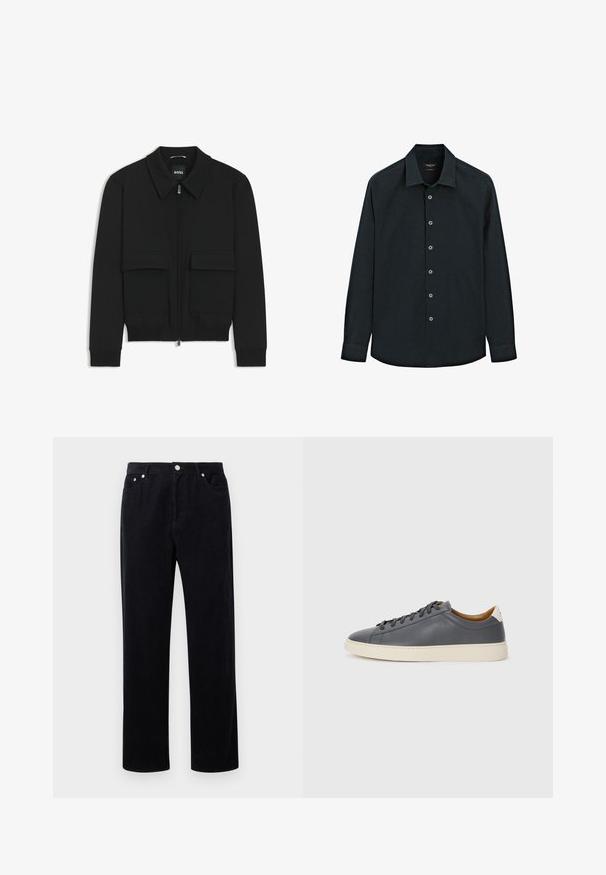 Giacca bomber nera con colletto, chiusura a zip frontale e due grandi tasche con patta. Presenta polsini e orlo a costine, realizzata in tessuto testurizzato.; Camicia nera a maniche lunghe, con colletto, sette bottoni davanti e polsini, esposta su sfondo bianco.; Pantaloni in corduroy neri con design a gamba dritta, caratterizzati da una chiusura con bottone e zip, cinque tasche e un tessuto morbido e testurizzato.; Sneaker in pelle grigia con punta rotonda, suola in gomma, lacci piatti e dettagli chiari sul tallone. Texture liscia e design minimalista.