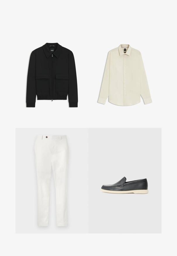 Black bomber jacket with a collared neck, zip front, and two large flap pockets. Features ribbed cuffs and hem, made of textured fabric.; BOSS JOE KENT - Formal shirt - open white eleven; White pants made of lightweight fabric, featuring a straight-leg design, a single brown button at the waist, and minimalistic styling.; Black leather slip-on loafers with a textured finish and a contrasting beige rubber sole. Features a subtle accent along the front.