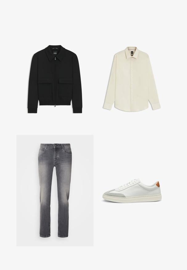 Black bomber jacket with a collared neck, zip front, and two large flap pockets. Features ribbed cuffs and hem, made of textured fabric.; BOSS JOE KENT - Formal shirt - open white eleven; Gray denim jeans with a straight-leg cut, featuring fading on the thighs, five-pocket design, and silver button closure at the waist.; White leather sneakers with gray suede accents and a tan leather heel tab. Features a textured surface and lightweight sole.
