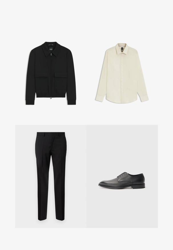 Black bomber jacket with a collared neck, zip front, and two large flap pockets. Features ribbed cuffs and hem, made of textured fabric.; BOSS JOE KENT - Formal shirt - open white eleven; Black tailored trousers made from smooth fabric, featuring a straight leg, refined crease details, and a classic waistband with belt loops.; Black leather men's dress shoe with laces, low heel, and smooth, slightly textured finish on plain white background.