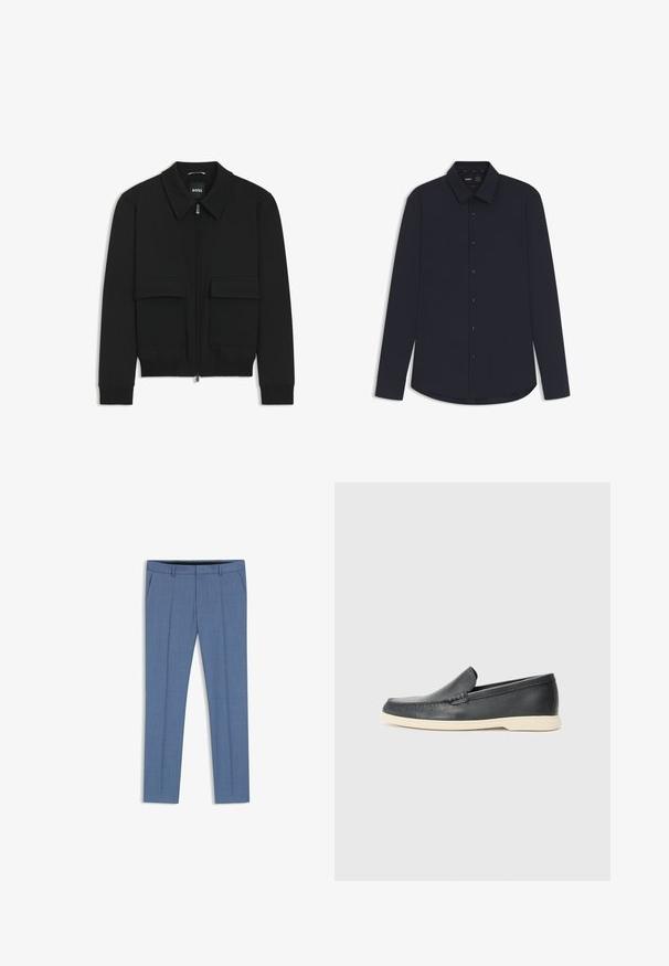 Black bomber jacket with a collared neck, zip front, and two large flap pockets. Features ribbed cuffs and hem, made of textured fabric.; Navy long-sleeve button-up shirt made from smooth fabric with a structured collar, featuring dark buttons and a curved hem.; BOSS H-GENIUS-B1 - Trousers - light blue three; Black leather slip-on loafers with a textured finish and a contrasting beige rubber sole. Features a subtle accent along the front.
