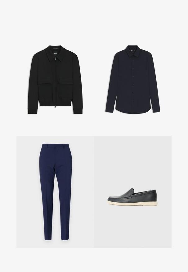 Black bomber jacket with a collared neck, zip front, and two large flap pockets. Features ribbed cuffs and hem, made of textured fabric.; Navy long-sleeve button-up shirt made from smooth fabric with a structured collar, featuring dark buttons and a curved hem.; Navy blue tailored pants with a slim fit, featuring a smooth texture, flat front, and creased legs. No visible pockets or embellishments.; Black leather slip-on loafers with a textured finish and a contrasting beige rubber sole. Features a subtle accent along the front.