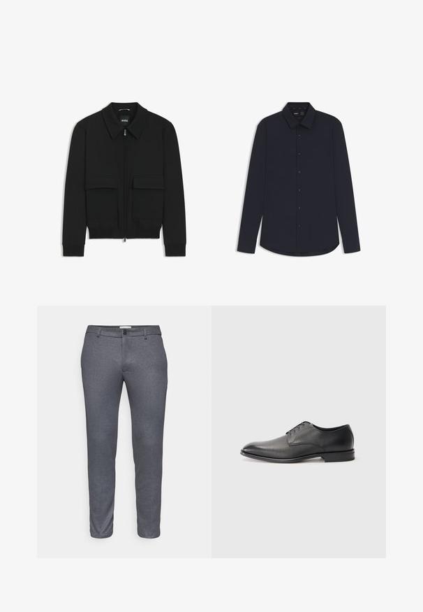 Black bomber jacket with a collared neck, zip front, and two large flap pockets. Features ribbed cuffs and hem, made of textured fabric.; Navy long-sleeve button-up shirt made from smooth fabric with a structured collar, featuring dark buttons and a curved hem.; DRYKORN AJEND - Suit trousers - grey; Black leather men's dress shoe with laces, low heel, and smooth, slightly textured finish on plain white background.