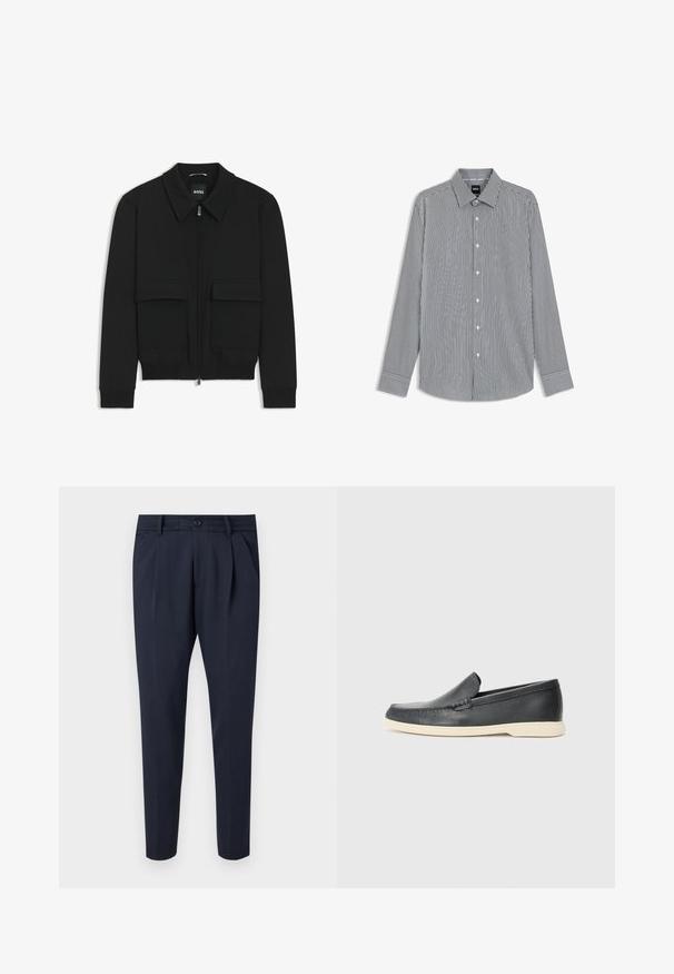 Black bomber jacket with a collared neck, zip front, and two large flap pockets. Features ribbed cuffs and hem, made of textured fabric.; Striped long-sleeve shirt in navy and white, featuring a button-down collar, front buttons, and cuffed sleeves with contrasting trim.; Navy trousers made of smooth fabric, featuring pleats, a zip and button closure, with side pockets and a tapered leg design.; Black leather slip-on loafers with a textured finish and a contrasting beige rubber sole. Features a subtle accent along the front.