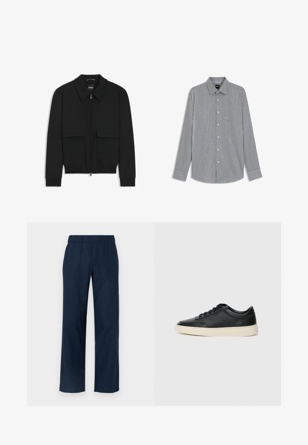 Giacca bomber nera con colletto, chiusura a zip frontale e due grandi tasche con patta. Presenta polsini e orlo a costine, realizzata in tessuto testurizzato.; Camicia a maniche lunghe a righe in navy e bianco, con colletto button-down, bottoni frontali ed maniche con polsini e rifiniture a contrasto.; Pantaloni a gamba larga blu navy con vita elastica, dotati di due tasche frontali e una texture di tessuto liscia e leggera.; Sneaker in pelle nera a basso profilo con lacci neri e suola avorio, mostrato di profilo su sfondo bianco.