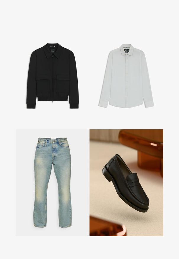 Giacca bomber nera con colletto, chiusura a zip frontale e due grandi tasche con patta. Presenta polsini e orlo a costine, realizzata in tessuto testurizzato.; Camicia bianca a maniche lunghe con colletto classico, chiusura a bottoni e texture morbida. Presenta un leggero luccichio e una vestibilità su misura.; Samsøe Samsøe EDDIE - Jeans a sigaretta - grime; Mocassino in pelle nera con finitura testurizzata, caratterizzato da una cucitura a punti e suola in gomma. Posato su una superficie chiara.
