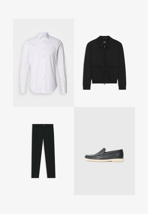 Zwarte bomberjack met een kraag, rits aan de voorkant en twee grote klepzakken. Heeft geribde manchetten en onderrand, gemaakt van textuurstof.; Witte lange mouwen shirt met kleine marineblauwe stippen, een geknoopte kraag en subtiele glans, met een gebogen zoom en een standaard knoopsluiting.; Zwarte dresspants met een recht pasvorm, gemaakt van een gladde stof. Heeft een sluiting met een knoop aan de voorkant en ceintuurlussen. Effen zonder patronen.; Zwarte leren instappers met een gestructureerde afwerking en een contrasterende beige rubberen zool. Beschikt over een subtiele accent langs de voorkant.