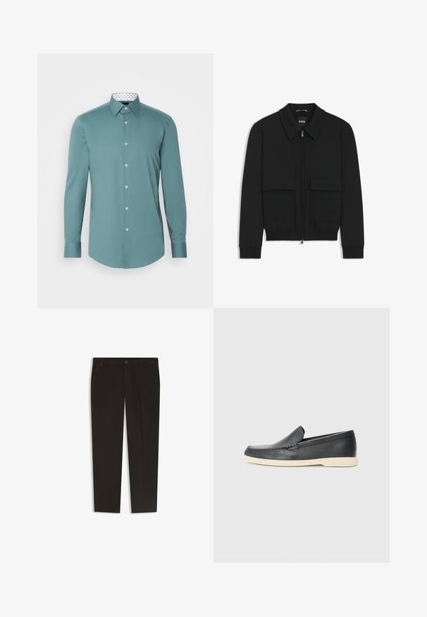 Svart bomberjacka med krage, dragkedja framtill och två stora klafffickor. Har ribbade mudd och nederkant, tillverkad av strukturerad tyg.; Teal långärmad skjorta av slät tyg, med vit krage med ett svart prickmönster och knäppt framtill.; Svarta byxor med rak ben-design, tillverkade av ett glatt tyg. Har en knappstängning och framfickor. Inga synliga mönster eller dekorationer.; Svarta läder slip-on loafers med en texturerad yta och en kontrasterande beige gummisula. Har en subtil accent längs fram.