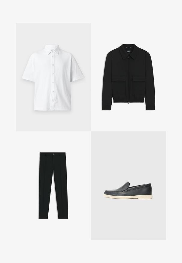 Sort bomberjakke med krave, lynlås foran og to store klaplommer. Har ribbede manchetter og bund, lavet af struktureret stof.; Hvid kortærmet skjorte med knapper lavet af tekstureret stof, med en klassisk krave og et linjemønster. Seks knapper langs forsiden.; Sorte dressbukser med lige ben-design, lavet af glat stof. Har en frontlukning med knap og bæltestropper. Enkle uden mønstre.; Sorte læder slip-on loafers med en struktureret overflade og en kontrasterende beige gummisål. Har en subtil detalje langs forsiden.
