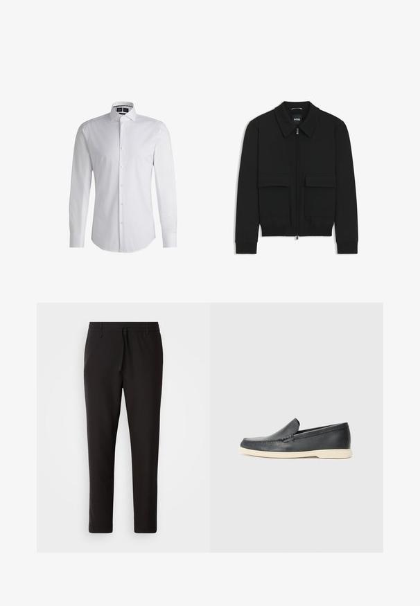 Giacca bomber nera con colletto, chiusura a zip frontale e due grandi tasche con patta. Presenta polsini e orlo a costine, realizzata in tessuto testurizzato.; Camicia bianca a maniche lunghe con colletto a punta, realizzata in tessuto liscio. Presenta un orlo curvo e bottoni perlacei lungo la parte anteriore.; Pantaloni jogger neri realizzati in tessuto liscio. Presentano una vita elasticizzata con stringa, gambe affusolate e senza tasche visibili. Design semplice.; Mocassini neri in pelle con finitura testurizzata e suola in gomma beige a contrasto. Presentano un accento sottile lungo la parte anteriore.