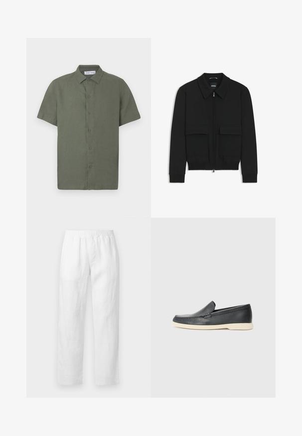 Schwarze Bikerjacke mit Kragen, Reißverschluss vorne und zwei großen Taschen mit Klappen. Mit Rippstrickbündchen und Saum, aus strukturiertem Stoff gefertigt.; Kurzärmeliges, olivgrünes Hemd aus strukturiertem Stoff mit durchgehender Knopfleiste und klassischem Kragen.; Weiße Leinenhose mit elastischem Bund, geradem Bein und weicher Textur ohne sichtbare Muster oder Verzierungen.; Schwarze Leder-Slipper mit strukturiertem Finish und einer kontrastierenden beige Gummisohle. Mit einem dezenten Akzent an der Vorderseite.