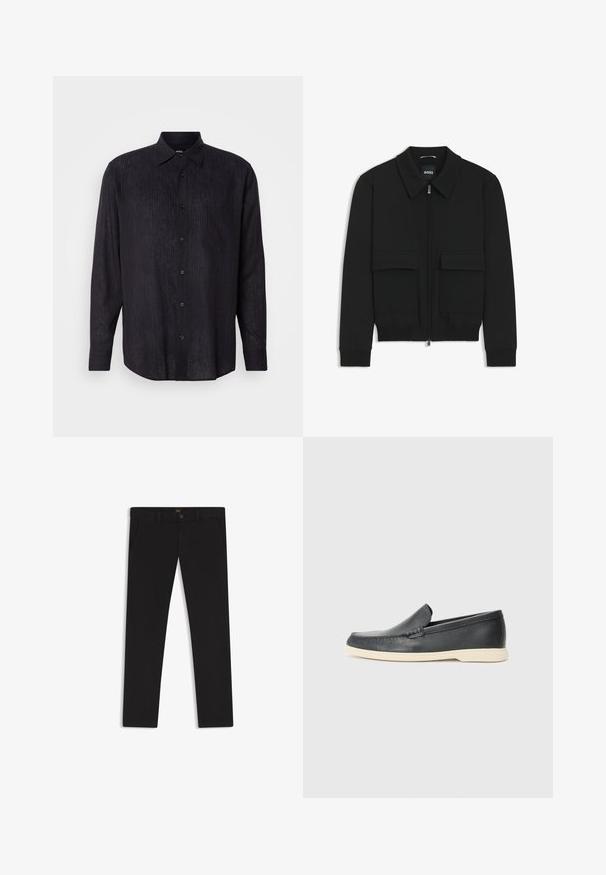 Chaqueta bomber negra con cuello tipo camisa, cierre frontal de cremallera y dos grandes bolsillos con solapa. Presenta puños ribeteados y dobladillo, confeccionada en tela texturizada.; Camisa navy de manga larga con cuello abotonado, presenta rayas horizontales, un bolsillo frontal y una textura suave.; Pantalones negros de tela con una textura suave. Cuentan con cierre de botón, trabillas para cinturón y bolsillos laterales. Diseño de pierna recta estándar.; Mocasines de piel negra sin cordones con un acabado texturizado y una suela de goma beige en contraste. Presentan un sutil acento en la parte frontal.