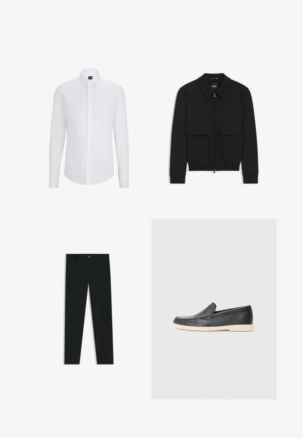 Sort bomberjakke med krave, lynlås foran og to store klaplommer. Har ribbede manchetter og bund, lavet af struktureret stof.; Hvid langærmet skjorte med knaplukning og spidse krave, lavet af glat stof, med en front placket og afrundet kant.; Sorte dressbukser med lige ben-design, lavet af glat stof. Har en frontlukning med knap og bæltestropper. Enkle uden mønstre.; Sorte læder slip-on loafers med en struktureret overflade og en kontrasterende beige gummisål. Har en subtil detalje langs forsiden.