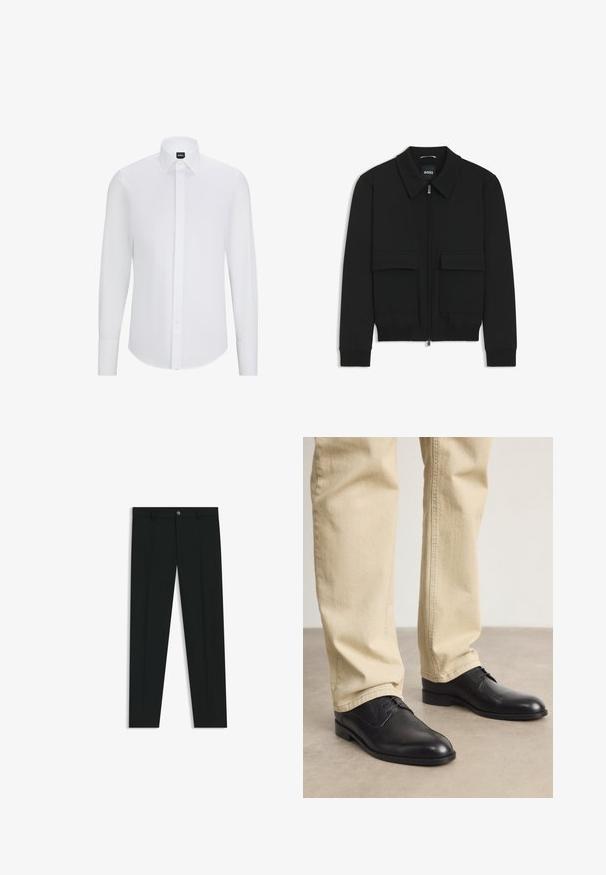 Sort bomberjakke med krave, lynlås foran og to store klaplommer. Har ribbede manchetter og bund, lavet af struktureret stof.; Hvid langærmet skjorte med knaplukning og spidse krave, lavet af glat stof, med en front placket og afrundet kant.; Sorte dressbukser med lige ben-design, lavet af glat stof. Har en frontlukning med knap og bæltestropper. Enkle uden mønstre.; Sorte læder snørebåndssko med rund tå, glat finish og diskrete syninger, båret med lyse beige bukser.