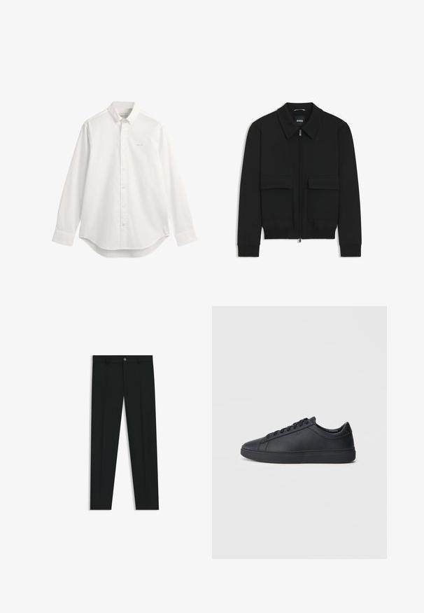 Schwarze Bikerjacke mit Kragen, Reißverschluss vorne und zwei großen Taschen mit Klappen. Mit Rippstrickbündchen und Saum, aus strukturiertem Stoff gefertigt.; Weißes Baumwollhemd mit langen Ärmeln, Knopfleiste und klassischem Kragen, abgerundetem Saum und kleinem besticktem Logo auf der Brust. Mit Knopfverschluss.; Schwarze Anzughosen mit geradem Bein, aus glattem Stoff. Mit Knopfverschluss vorne und Gürtelschlaufen. Schlicht ohne Muster.; Schwarze Sneaker aus glattem Leder mit einem tiefen Design, runder Zehenform und flacher Gummi-Sohle. Mit Schnürsenkeln und dezentem Branding.