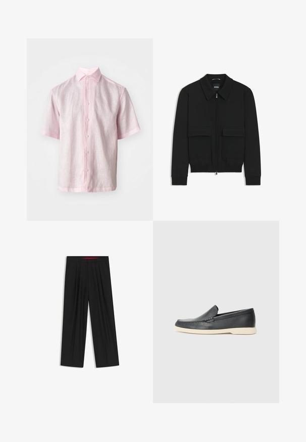 Giacca bomber nera con colletto, chiusura a zip frontale e due grandi tasche con patta. Presenta polsini e orlo a costine, realizzata in tessuto testurizzato.; Camicia a maniche corte con bottoni in lino rosa chiaro, caratterizzata da un colletto classico e un taglio dritto con una sottile texture.; Pantaloni neri a gamba larga con fronte piatto, due tasche laterali, design plissettato e un elastico in vita di colore rosso a contrasto.; Mocassini neri in pelle con finitura testurizzata e suola in gomma beige a contrasto. Presentano un accento sottile lungo la parte anteriore.